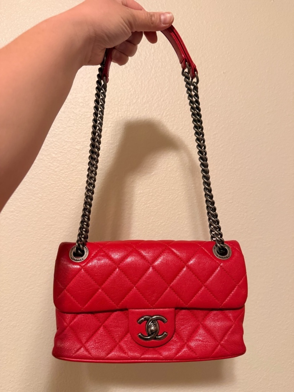 CHANEL CC MINI Lambskin Quilted Red Leather Shoulder Bag with Gunmetal Chain